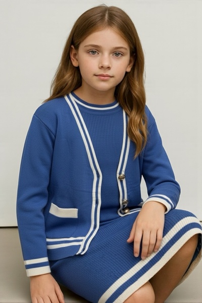 NEWCO Rochie cu detaliu în dungi și cardigan, rochie de tricotat pentru copii, cu detaliu cu nasturi, până la genunchi -323433