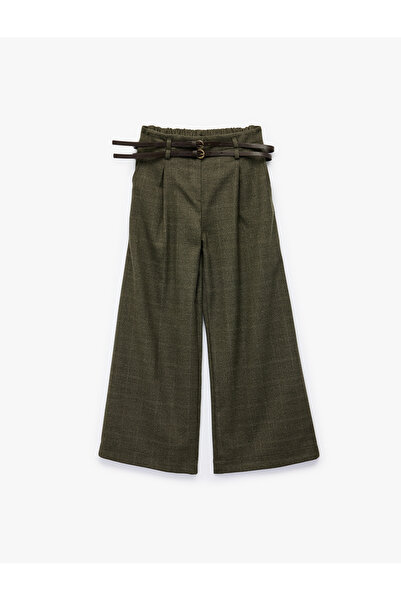 Koton Viscose Blend Plaid Wide Leg Trousers with Belt Detail