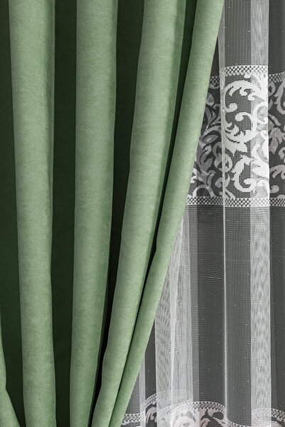 LUNETT HOME Light Green Color Island Velvet Rare (1X2) Pleated Background Curtain Single Wing V20