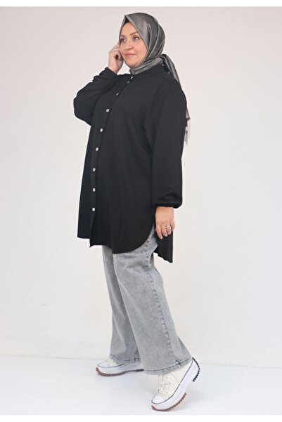 Eslina 58169 Plus Size Judge Collar Snap Fastener Modal Tunic - Black