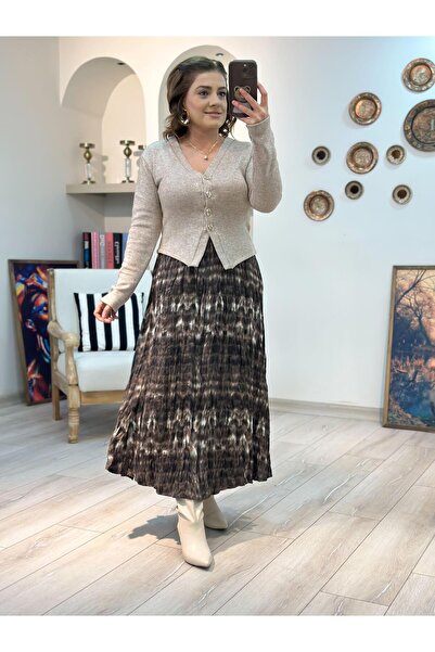 MELTEM TUĞAN Elastic Waist Cotton Satin Wrinkled Skirt Brown