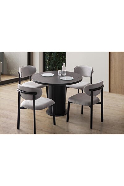 Rabi ALORA BOHEM 100 ÇAP 4 SANDALYE YUVARLAK MUTFAK MASA SETİ SENKRON SİYAH