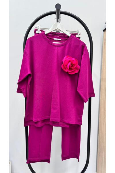 Koza Butik Women's Plus Size Three Quarter Sleeve Floral Detailed Two Thread Tracksuit Set 8224-26