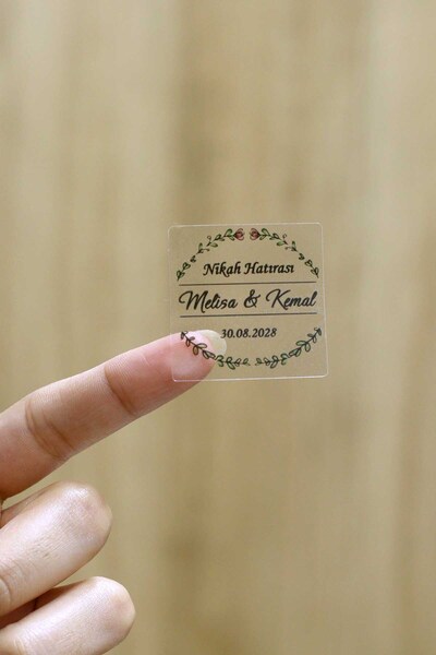 Vice Yeşil Yaprak detaylı Şeffaf Etiket / Nişan - Nikah Etiketi / 100 Adet Do...