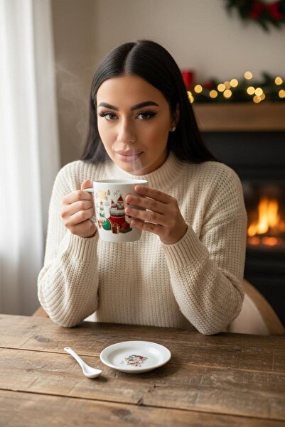 BaoBao Ceramic Christmas Mug Set with Saucer and Spoon, Santa Claus & Tree Design, 300 ml