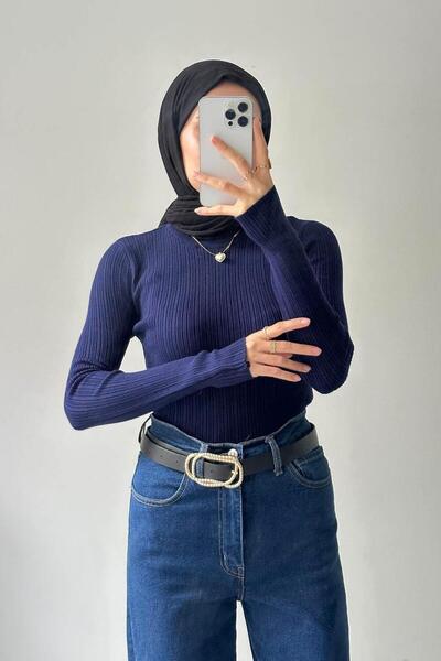 lamelif Πλεκτό κορμάκι με λαιμόκοψη με ραβδώσεις σε μπλε ναυτικό