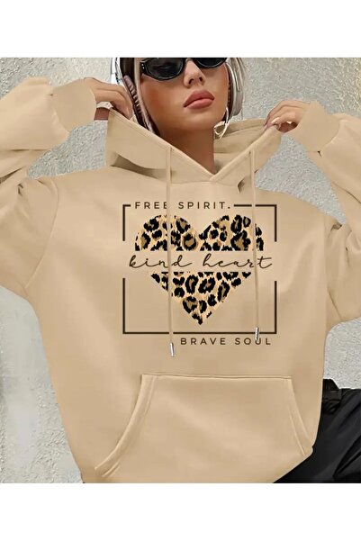 herkesemoda Free Spirit Text Detailed Hooded Sweatshirt Beige