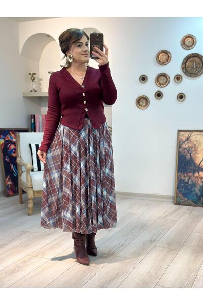 MELTEM TUĞAN Elastic Waist Plaid Patterned Chiffon Skirt Bordo