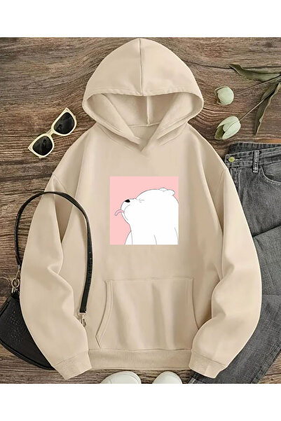 herkesemoda Cute Panda Print Detailed Hooded Sweatshirtk Beige