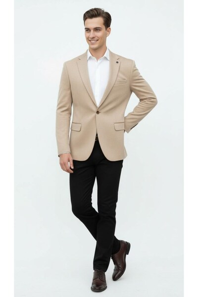 Plus Scorpion Beige Men's Italian Cut Blazer Jacket – Sleeve Patched, S Slim Fit Stylish and Modern Design