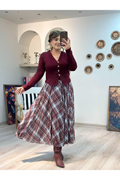 MELTEM TUĞAN Elastic Waist Plaid Patterned Chiffon Skirt Bordo