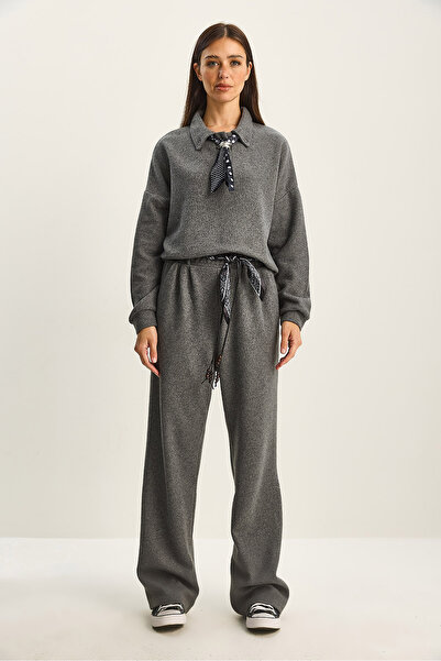 Bianco Lucci Women's Polo Neck Scarf Detailed Top and Bottom Thessaloniki Set 6958-59 60283822