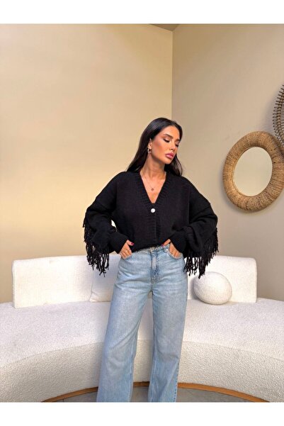 MODAMERSİ Women's Black Buttoned Front Tassel Detailed Knitwear Cardigan