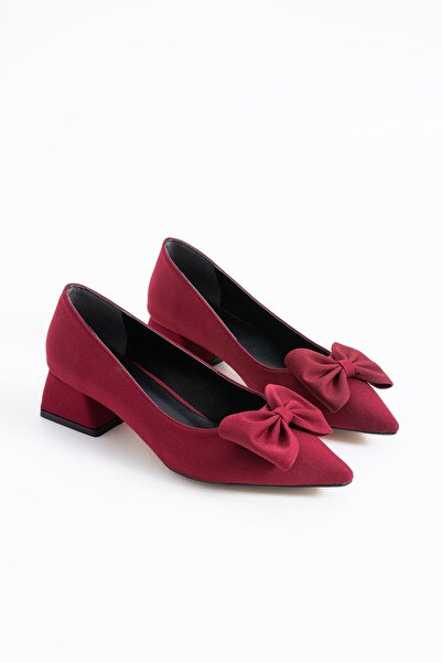 Moda Pie Floret Bow Low Heel Women's Shoes Burgundy Satin