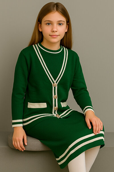 NEWCO Ριγέ Λεπτομερές φόρεμα και παιδικό πλεκτό φόρεμα με λεπτομέρεια με κουμπιά στον μήκος του γόνατου -323433