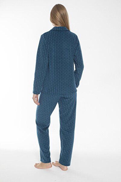 Estiva Battal Corded Fabric Front Buttoned Heart Patterned Pajama Set Petrol