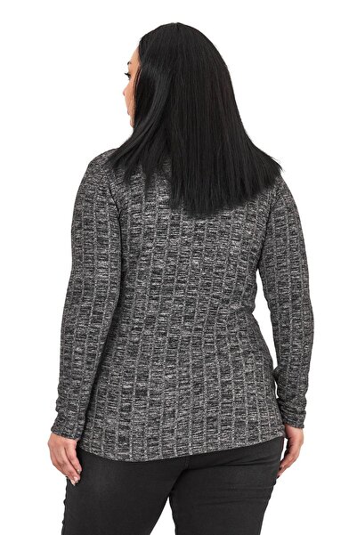 DISENTIS MODEST Plus Size Half Fisherman Long Sleeve Knitwear Striped Black Bodysuit