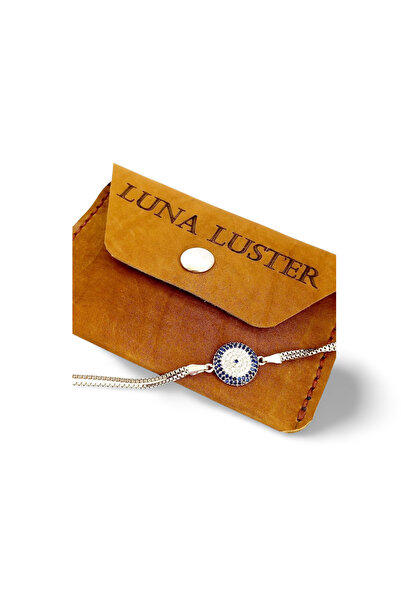 LUNA LUSTER Genuine Leather Men's Brown Minimal Card Holder Silver Women's Evil Eye Beaded Bracelet 10