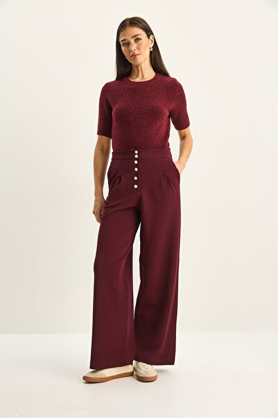 Bianco Lucci Women's Gold Button Detailed Pleated High Waist Palazzo Pants 60282038