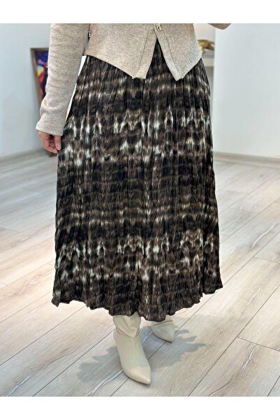 MELTEM TUĞAN Elastic Waist Cotton Satin Wrinkled Skirt Brown