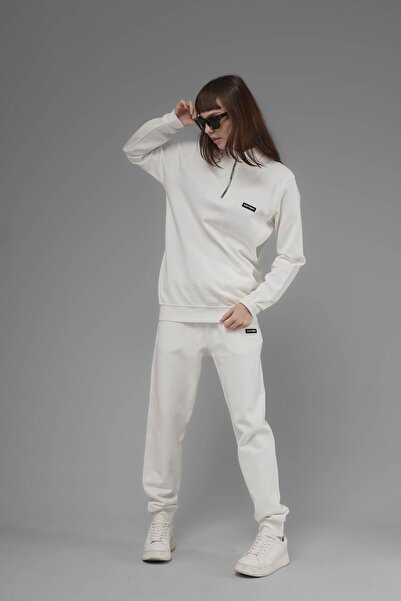 SOFTWAY Φούτερ Unisex Regular Fit ψηλός λαιμός με μισό φερμουάρ Interlock Pique - Λευκό