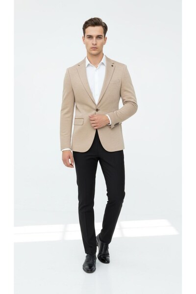 Plus Scorpion Beige Men's Italian Cut Blazer Jacket – Sleeve Patched, S Slim Fit Stylish and Modern Design