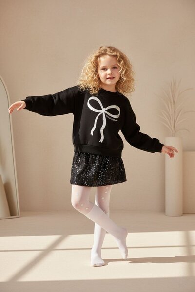 Yalçınoğlu Kids 2-10 Years Old Girl's Black Bow Printed Sweatshirt and Sequined Mini Skirt Two-Piece Set