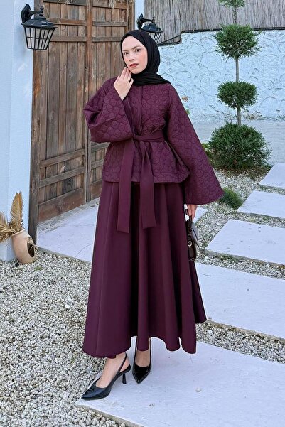 lamelif Scuba Skirted Two-Piece Suit Burgundy