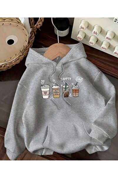 herkesemoda Coffe Print Detailed Hooded Sweatshirt Gray