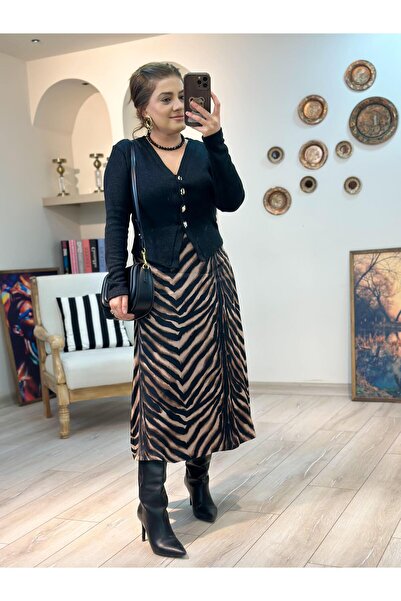 MELTEM TUĞAN Zebra Patterned Midi Skirt Brown