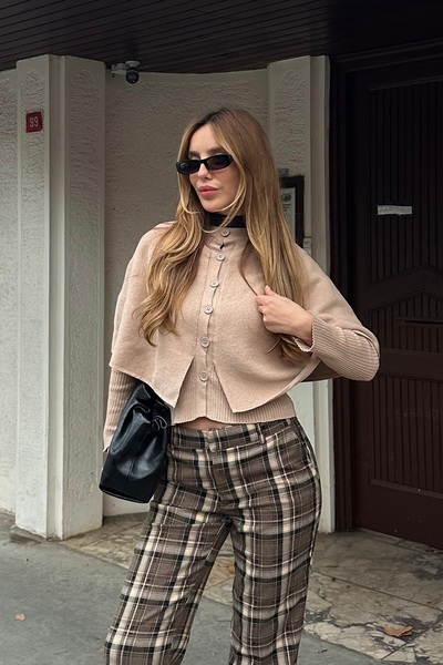 Laluvia Beige Cape Detailed Knitwear Cardigan - 1317