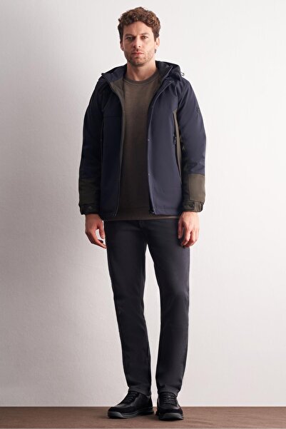 İmza Navy Blue - Khaki Hooded Collar Bondid Slitless Casual Coat 1007255134