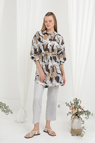 Puane Women's Belted Patterned Shirt-10693Gml - Camel