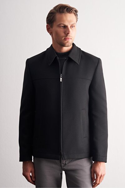 İmza Black Berber Collar Fully Lined Classic Slim Fit Flexible Cashmere Coat 1007255121