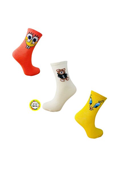 AL Bİ 90LIK Set of 3 Cartoon Patterned Fun College Socks