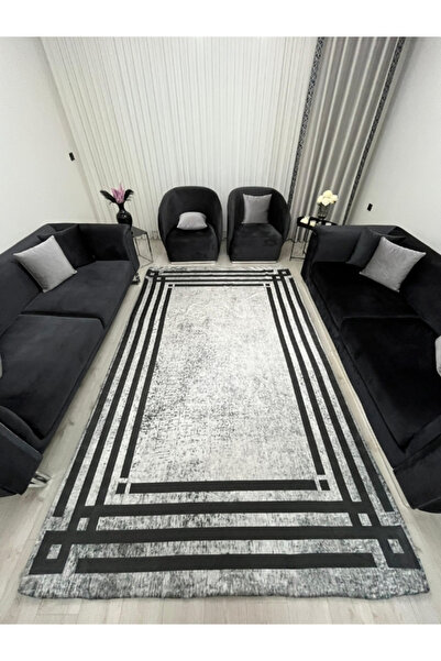 BGV HOME Black Striped Modern Gray Carpet Cover - Minimal Design Elastic and Sponge Non-Slip Base Washable