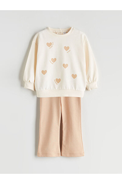 LC Waikiki Ecru Printed Girls' Sweatshirt and Leggings Pants 2-Pack