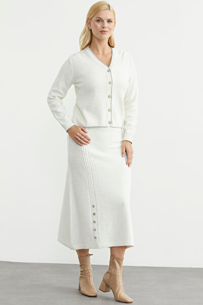 Sementa Flared Skirt Cardigan Knitwear Set - Bone