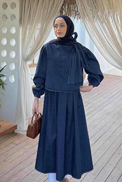 lamelif Set din denim cu detaliu de fundătură în formă de fundă, albastru închis