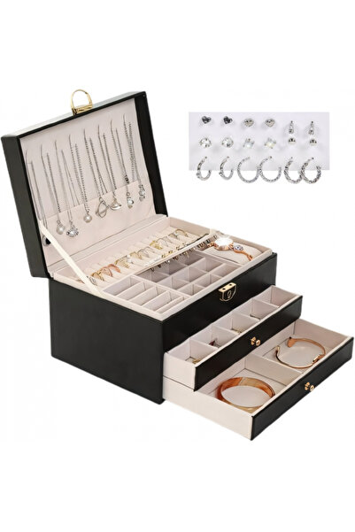 AVA-STARS Jewelry box - 3-level organizer with lock, 2 drawers, velvet, 9 pai...