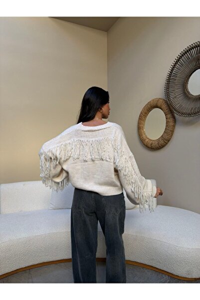 LE CARAMBOLE Women's Ecru Buttoned Front Tassel Detailed Knitwear Cardigan