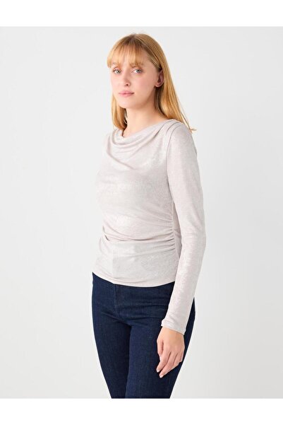 Jimmy Key Gray Draped Collar Long Sleeve Knitted Blouse