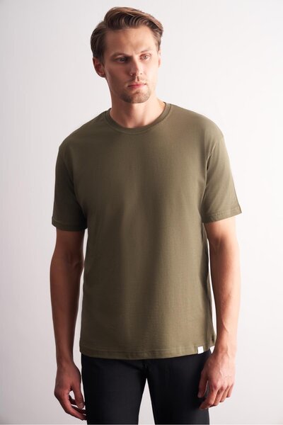 İmza Βασικό μπλουζάκι από βαμβάκι με κοντό μανίκι χακί εφαρμοστό 1011255106