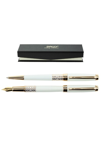 Daco DACO ballpoint pen + fountain pen set, folkloric pattern decorations, white