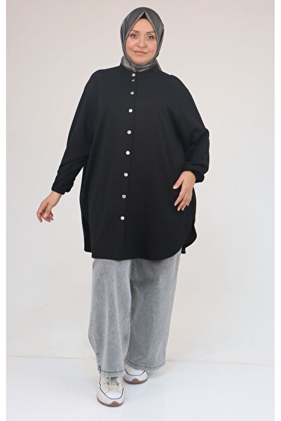 Eslina 58169 Plus Size Judge Collar Snap Fastener Modal Tunic - Black