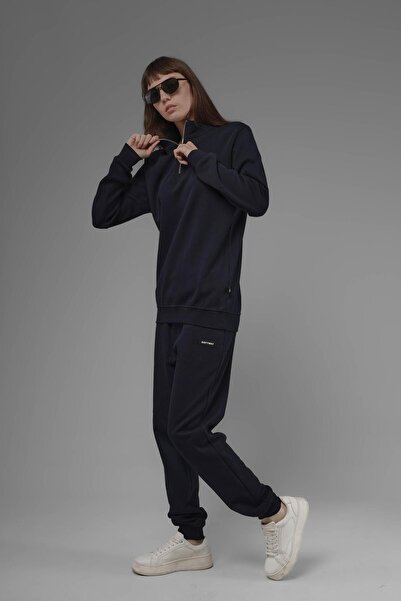 SOFTWAY Φούτερ Unisex Regular Fit ψηλός λαιμός με μισό φερμουάρ Interlock Pique - Navy Blue