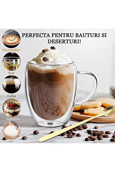 Salestore.ro Coffee and Tea Cup Set, 6 Double Walled Mugs Durable borosilicate glass, 350 ml, transparent cups