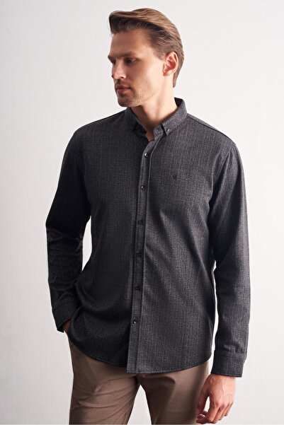 İmza Μαύρο Smart Buttoned Collar μακρυμάνικο χωρίς τσέπες εφαρμοστό Casual πουκάμισο 1004255172