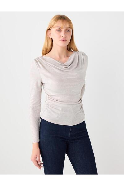 Jimmy Key Gray Draped Collar Long Sleeve Knitted Blouse