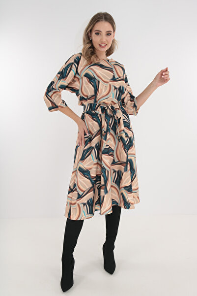 Trend Land Beige midi dress with turquoise abstract print